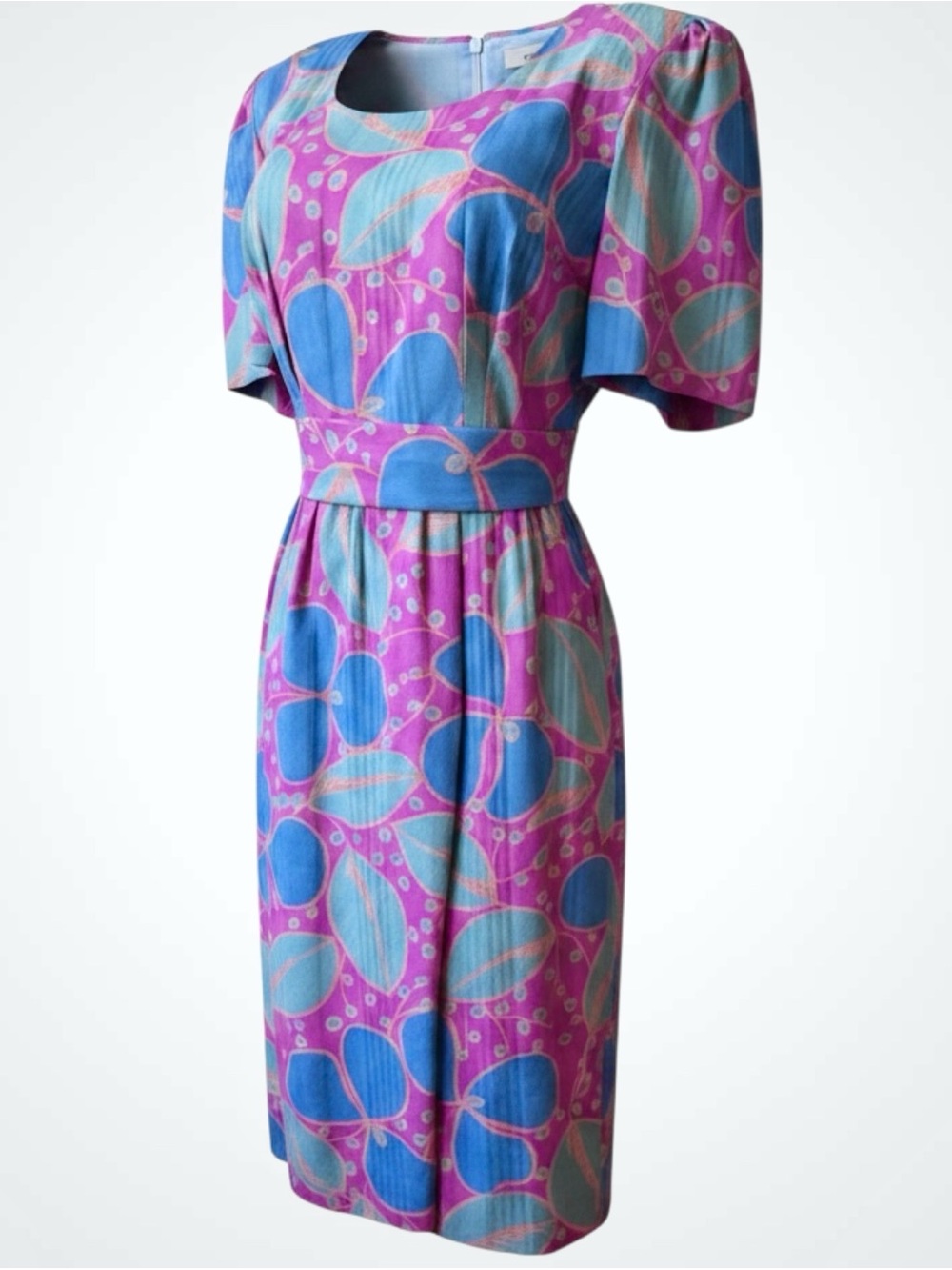Vintage 80s Pink Teal Geometric Dress Belted Midi Retro Statement Sz 12 Posh